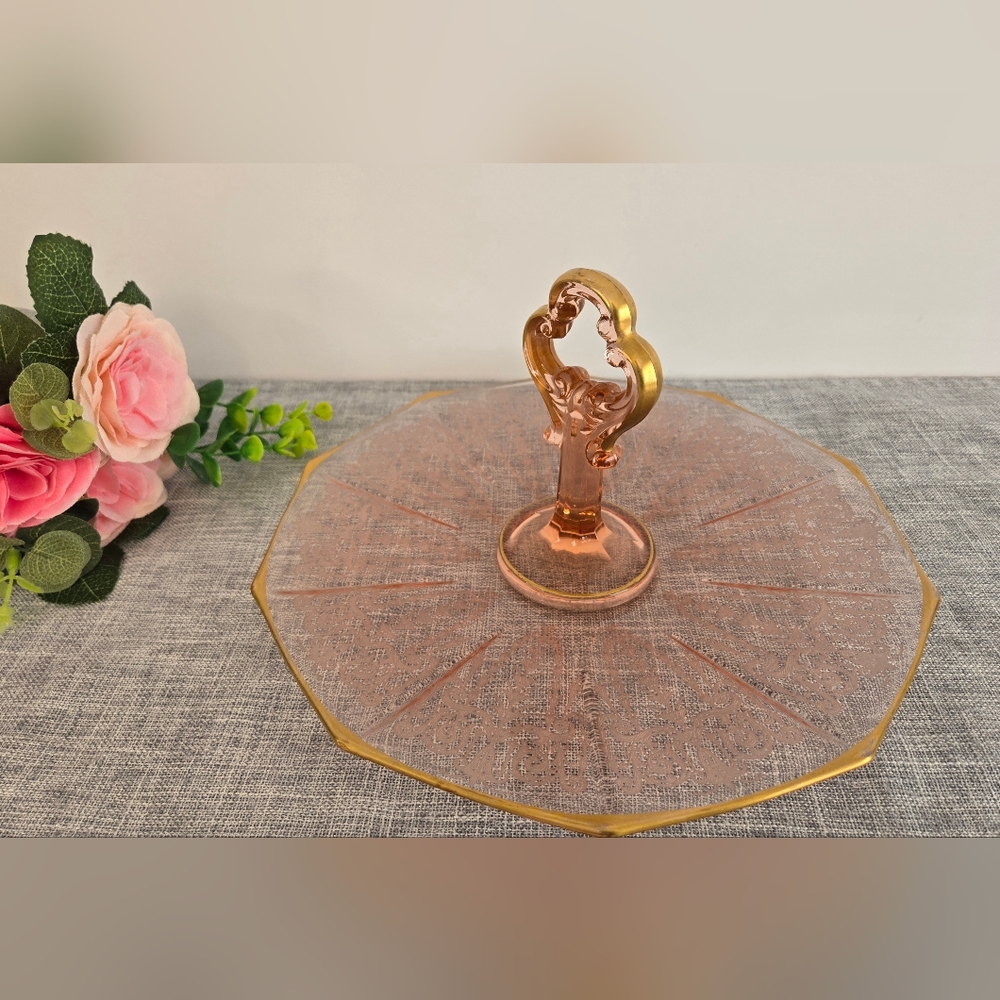 Vintage Pink Depression Glass Handle Server Decagon Shape‎